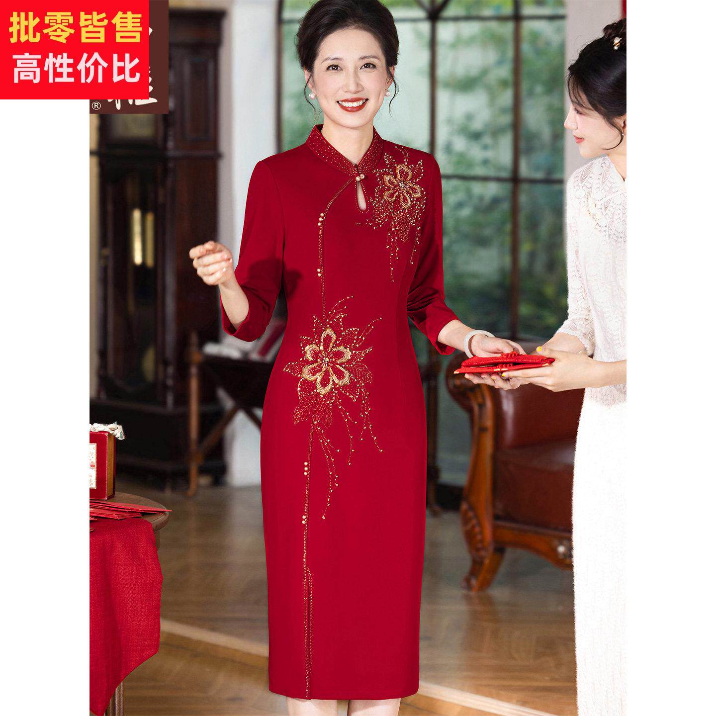 小个子妈妈装婚礼改良旗袍洋装喜婆婆婚宴高贵礼服丈母娘喜服裙