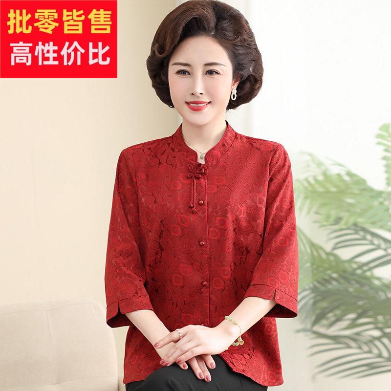 妈妈夏装桑蚕丝衬衫喜婆婆婚礼装中老年人上衣奶奶唐装真丝衬衫女