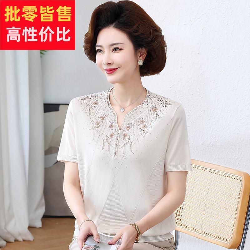 妈妈夏装新款短袖桑蚕丝T恤上衣中老年女装夏季宽松真丝针织小衫