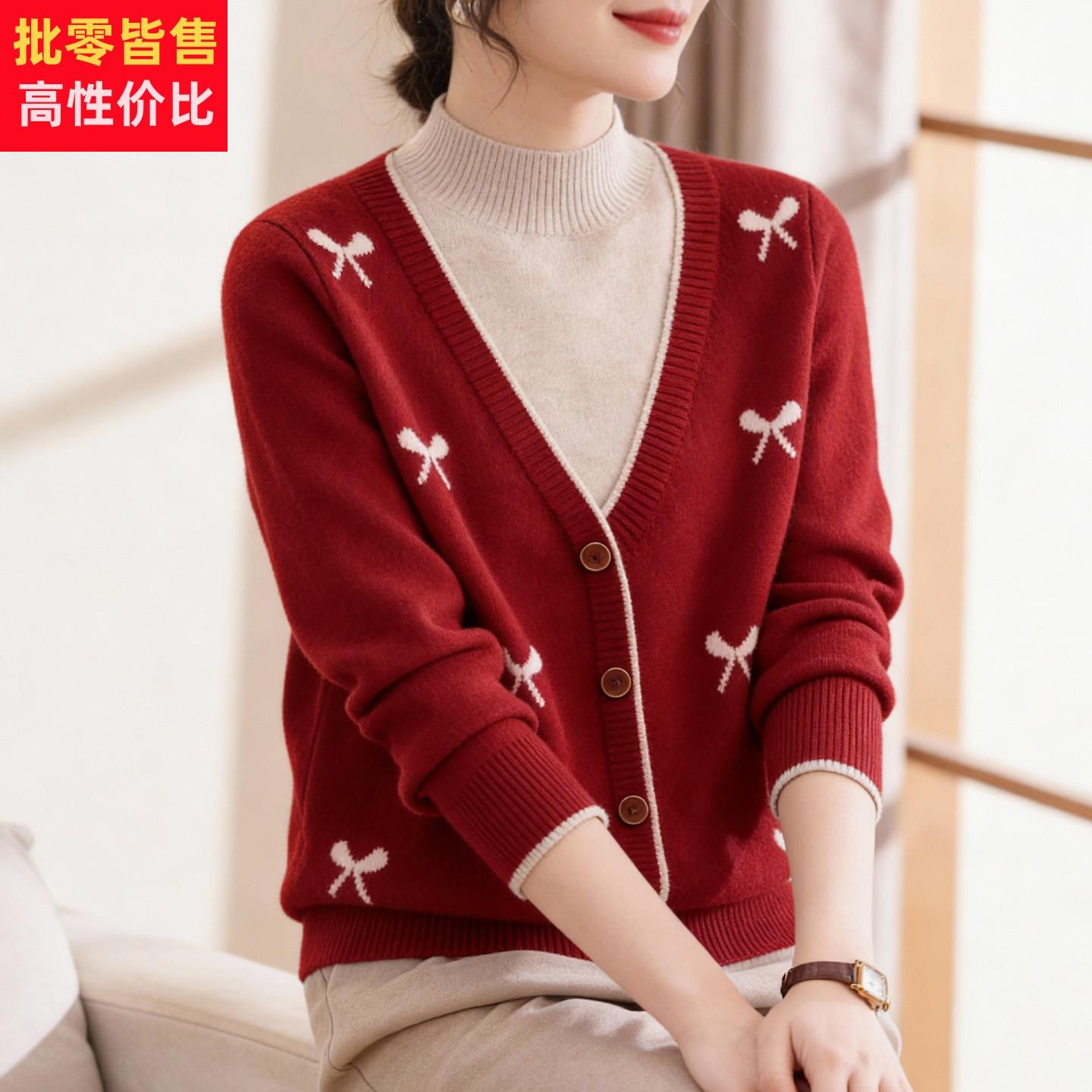喜卉假两件针织衫中老年女装洋派打底上衣妈妈冬装本命年红色毛衣