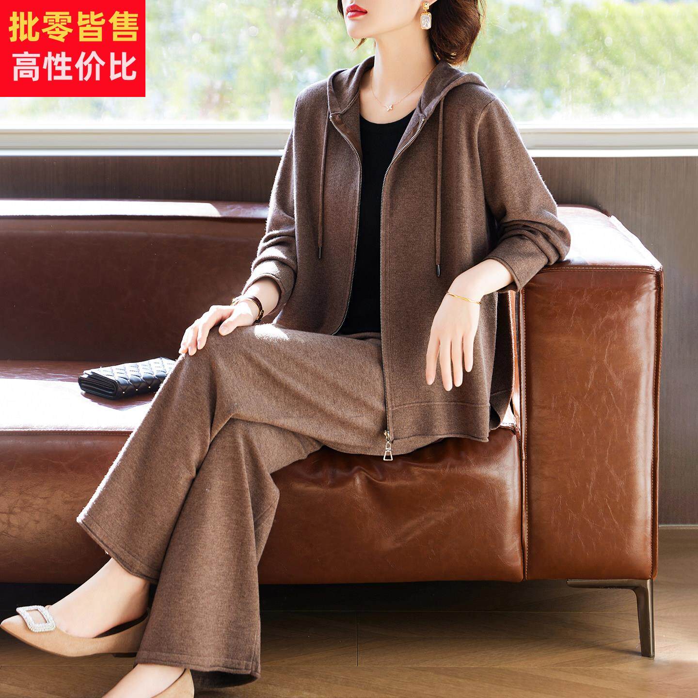 妈妈春装连帽卫衣运动服套装中老年女春秋针织开衫外套休闲两件套