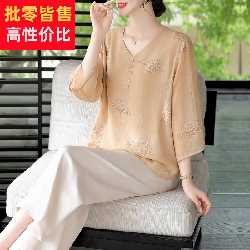 贵夫人夏装桑蚕丝套装洋派高贵妈妈真丝小衫中老年女装时尚两件套