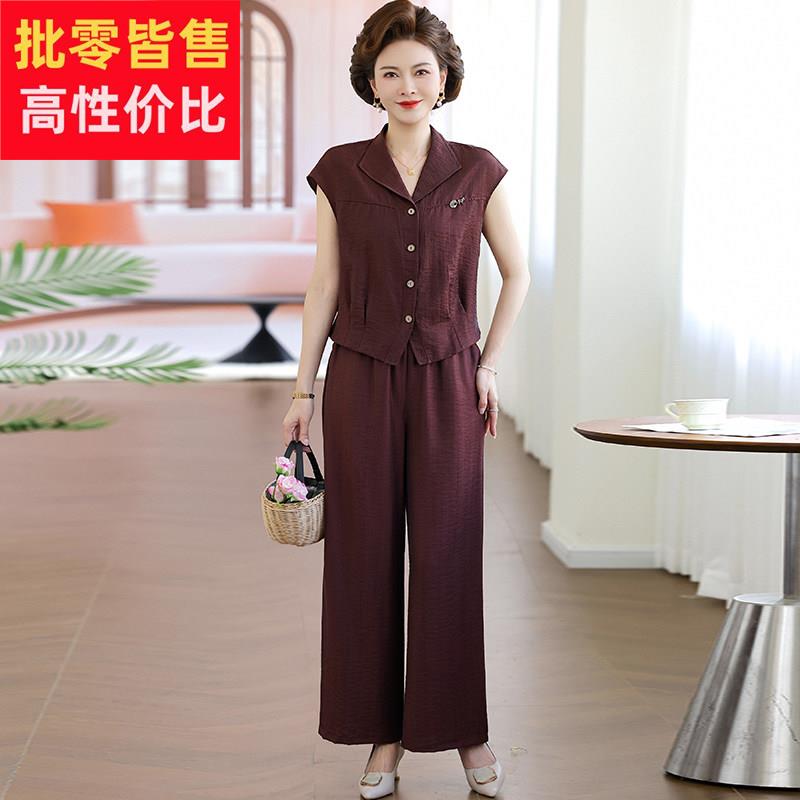 中老年夏装桑蚕丝妈妈衬衫两件套女洋派阔太太今年流行的真丝套装