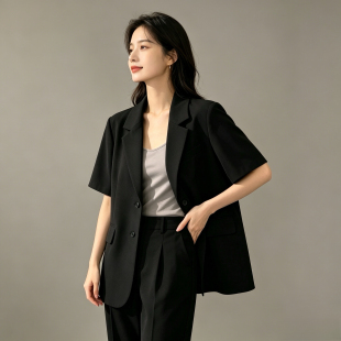 黑色冰丝短袖西装超薄垂感休闲显瘦百搭夏季外搭休闲西装女外套