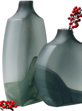 现代新中式小口灰色水墨玻璃插干花花瓶玄关边柜装饰摆件创意花器