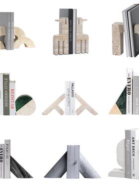 诧寂风黄洞石书档几何摆件客厅墙柜书架边几装饰大理石书档摆设品