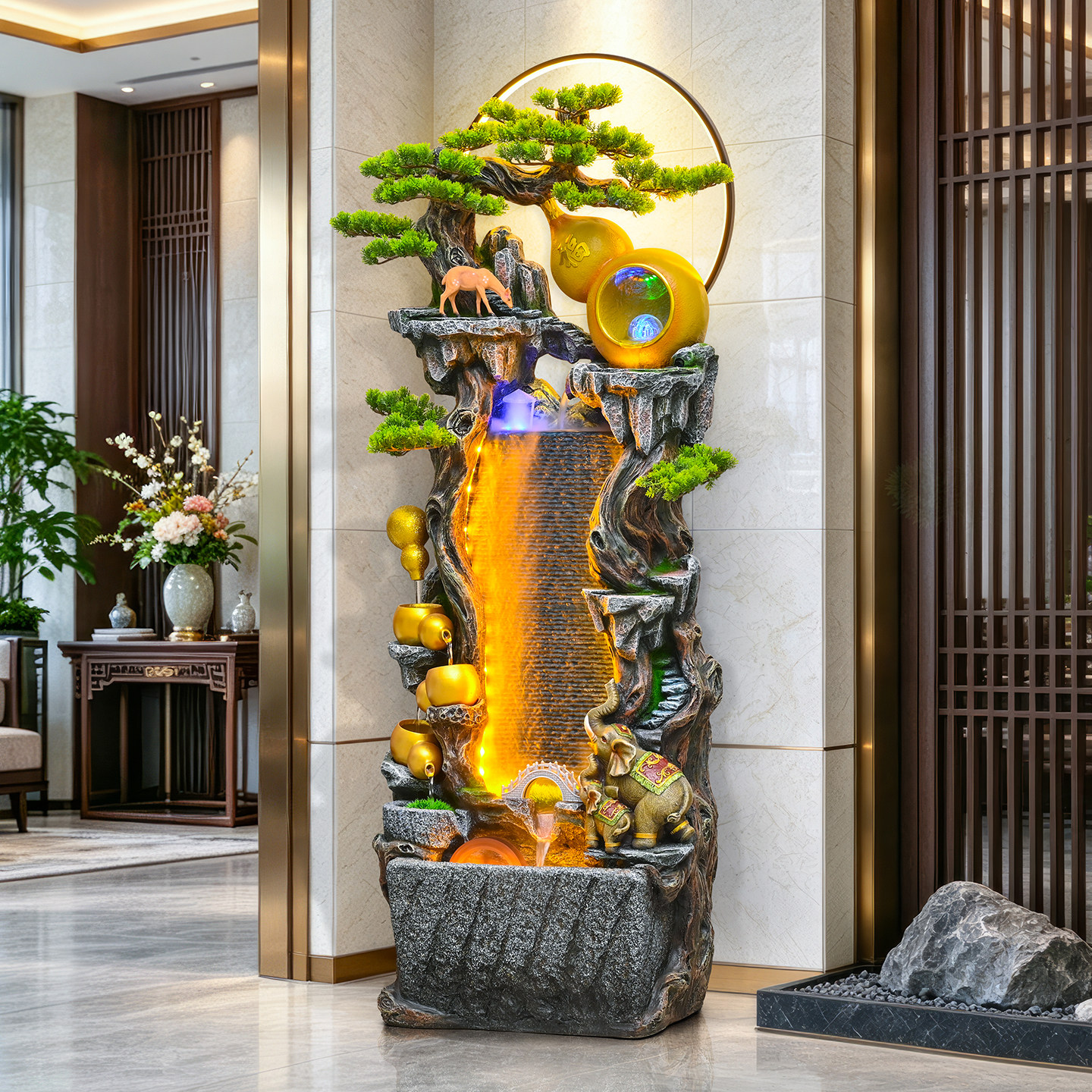 假山瀑布造景流水生财福禄风水轮摆件酒店商铺大堂精致装饰水幕墙
