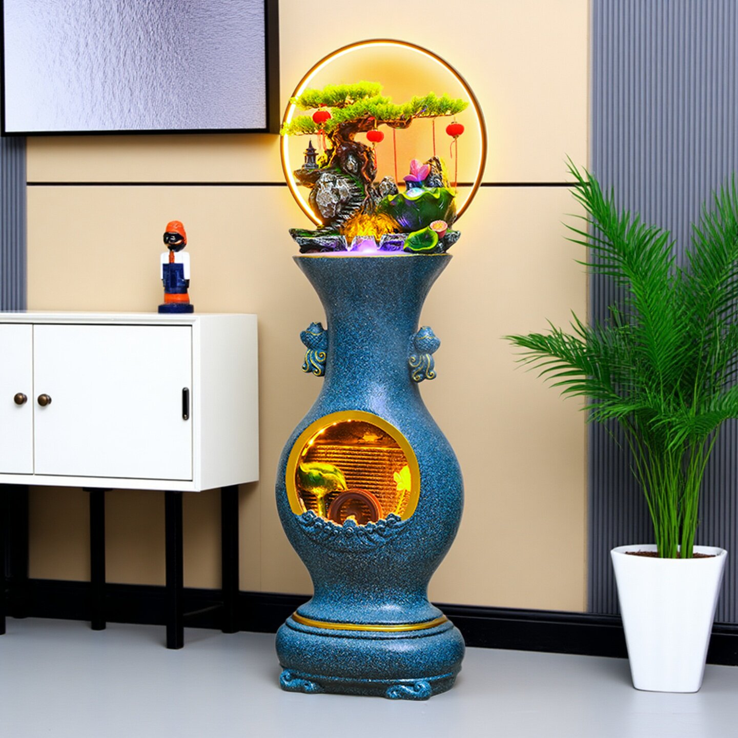 新中式花瓶流水摆件加湿器客厅玄关书房落地招财纳福风水轮装饰物