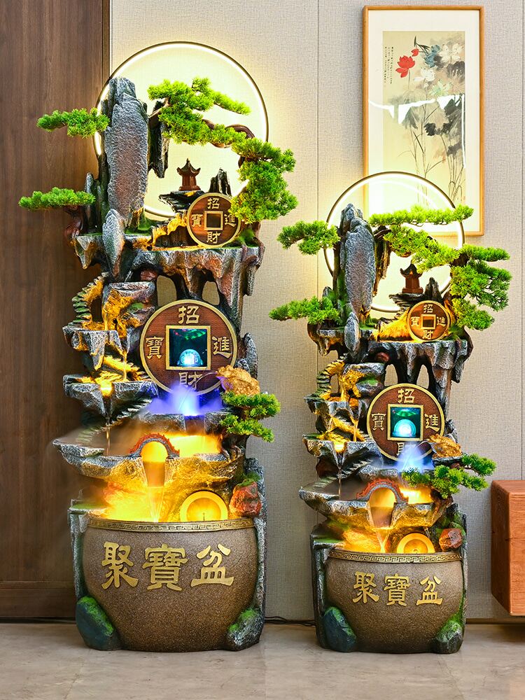 聚宝盆摆件招财聚财高山流水循环水客厅电视柜旁落地风水轮装饰品