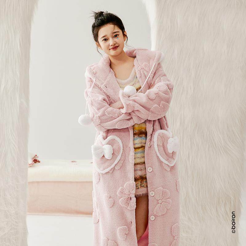 白冉珊瑚绒睡袍女秋冬季中长款加绒加厚连帽保暖家居服R823517-03