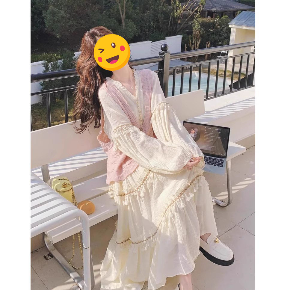 2025春季新款粉色少女甜美马甲温柔法式流苏长裙显瘦连衣裙两件套