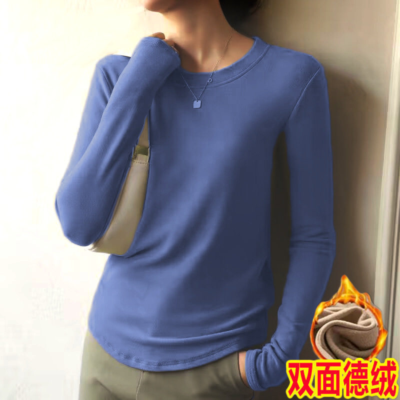 秋冬德绒加绒加厚修身长袖T恤女