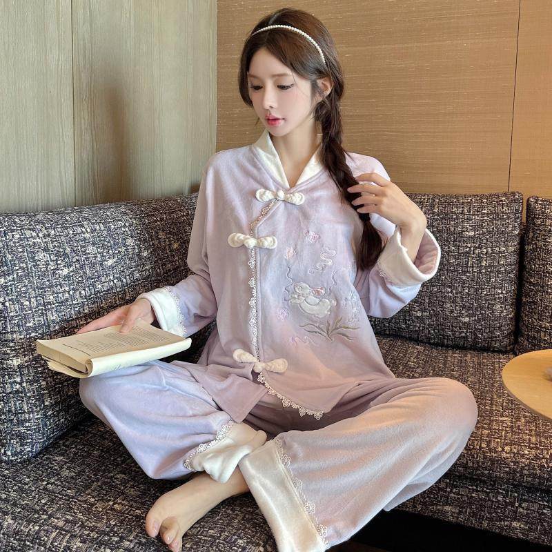 艺术生睡衣海岛绒睡衣女秋冬季国风兔子双面绒薄绒可外穿高级感家