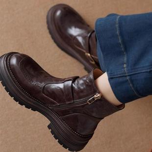 全羊皮超软女鞋羊皮厚底英伦马丁靴女2025圆头复古秋冬新款真皮短