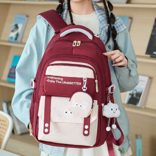 日本进口书包女生初中生大容量红色护脊减负中学生双肩包轻便背包