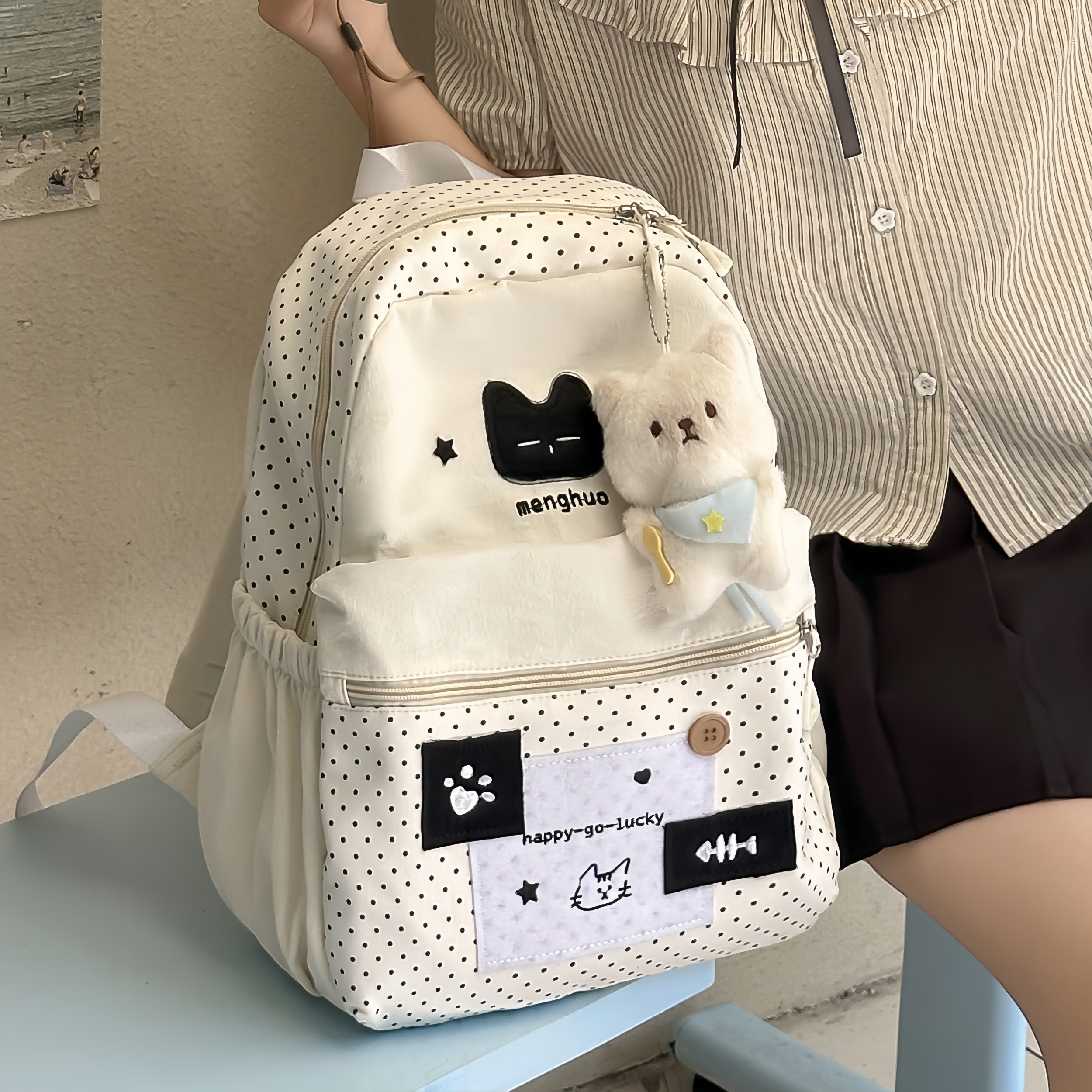 日本lp双肩包上学通勤书包女生校园韩版波点书包初中生卡通背包