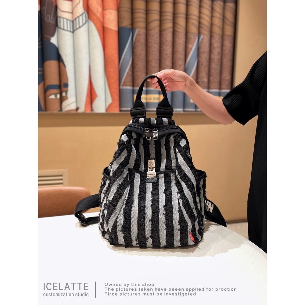 法国ZAMP轻便帆布双肩包女2025新款时尚条纹背包大容量休闲旅行包