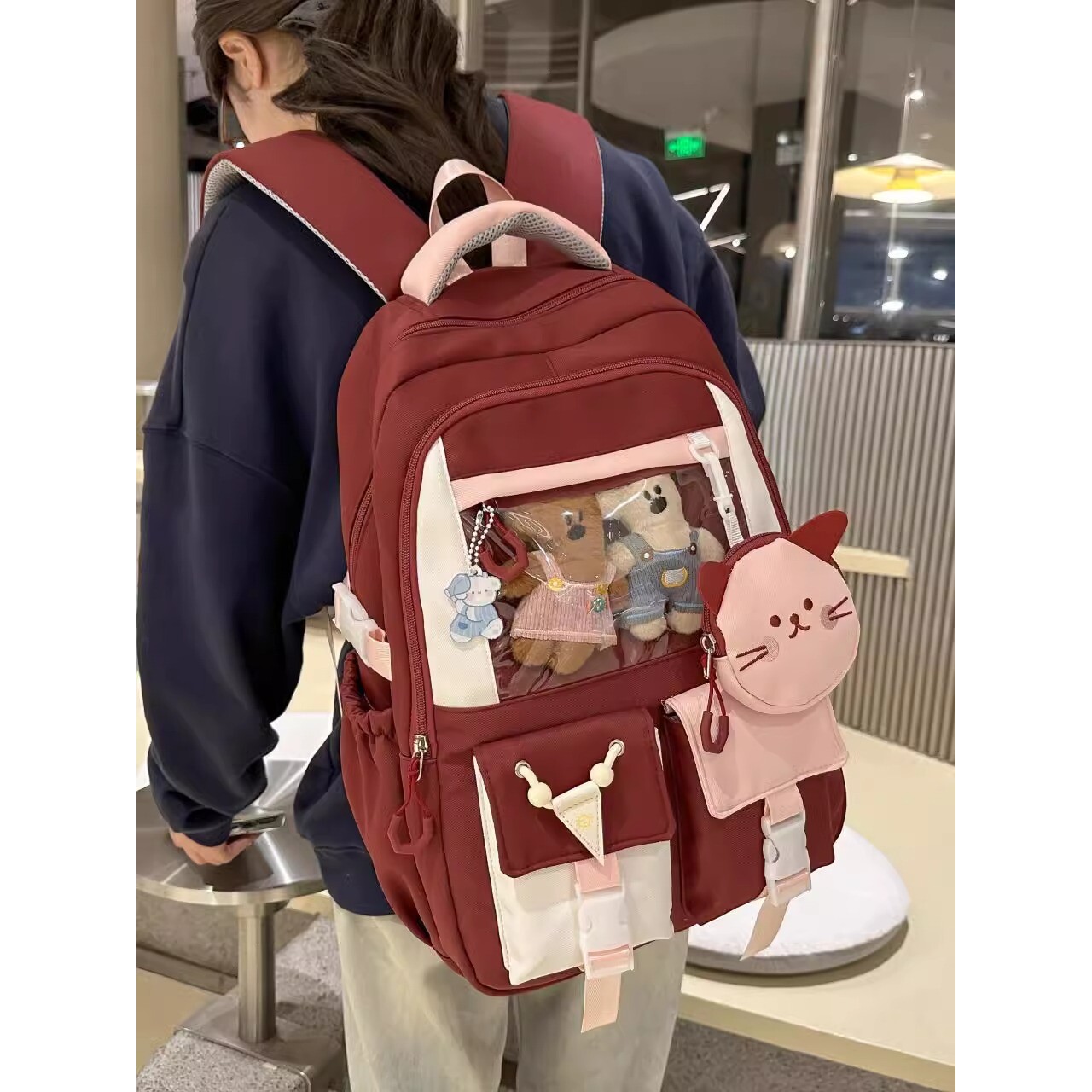 书包初中生女生高颜值大容量耐脏透明层痛包双肩包女纯色双肩包男