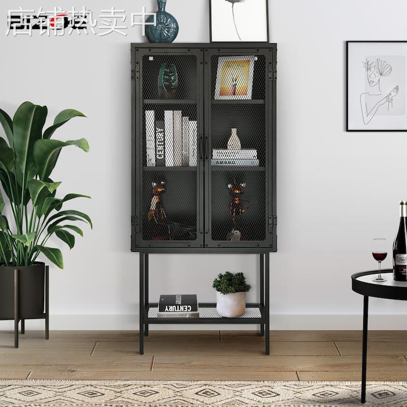 复古风钢制网格置物架金属网门储物柜铁网工业橱柜双层黑色电视柜