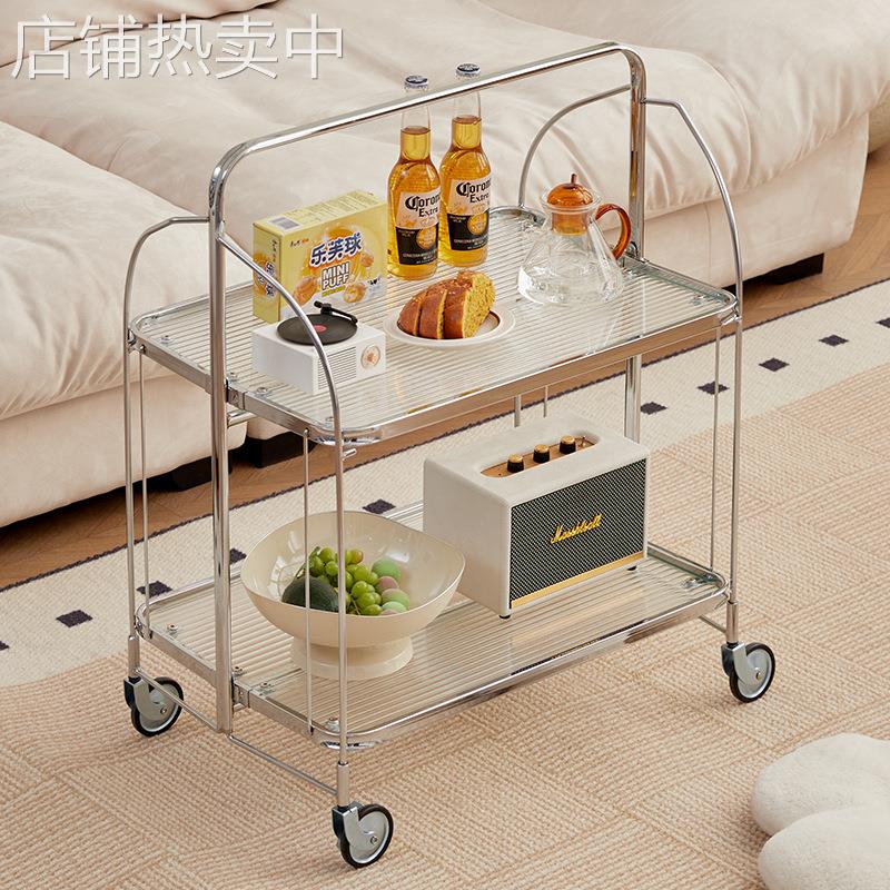 中古风玻璃小推车网红ins客厅沙发边几小茶几移动餐车折叠置物架