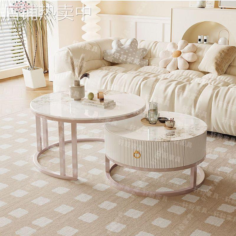 圆形茶几客厅家用轻奢岩板小户型现代简约奶油风桌子网红玻璃茶几