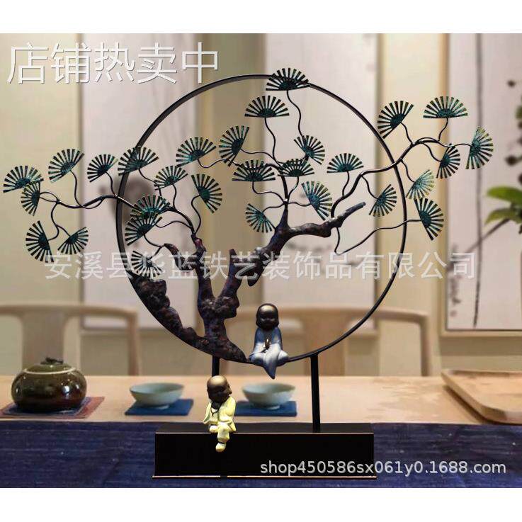 新中式铁艺迎客松摆件客厅玄关禅意装饰品居工艺品摆设