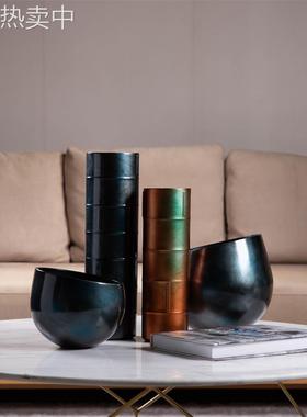 Darchin现代切口竹节深橘色撞绿色不规则肌理花器样板房客厅茶几