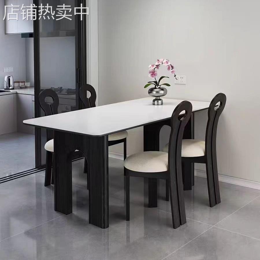 中古风小户型实木餐桌椅黑色白蜡木岩板餐桌奶油系客厅吃饭饭桌