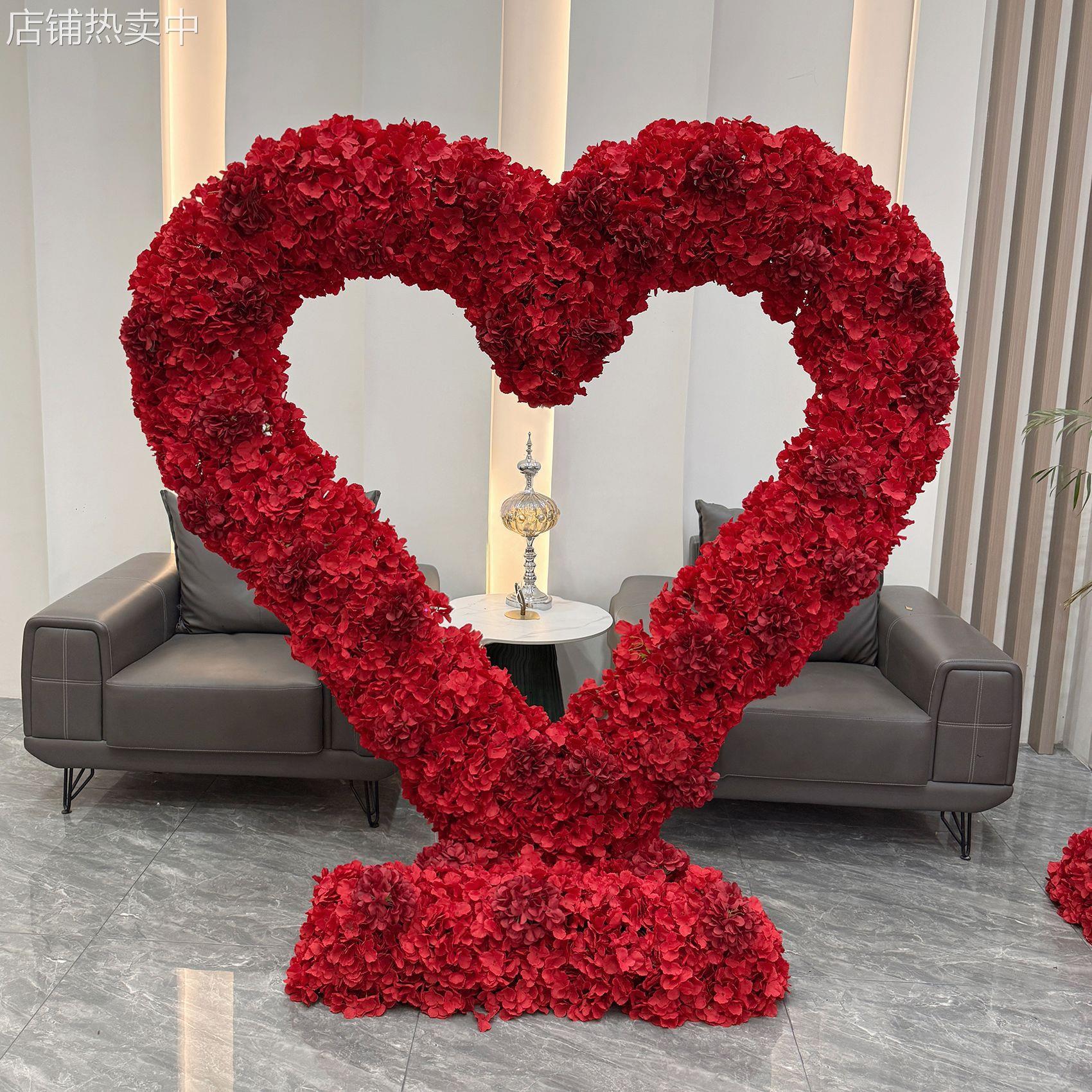 跨境爱心红色心型花 婚礼舞台背景布置花艺心型架子拱门装饰假花