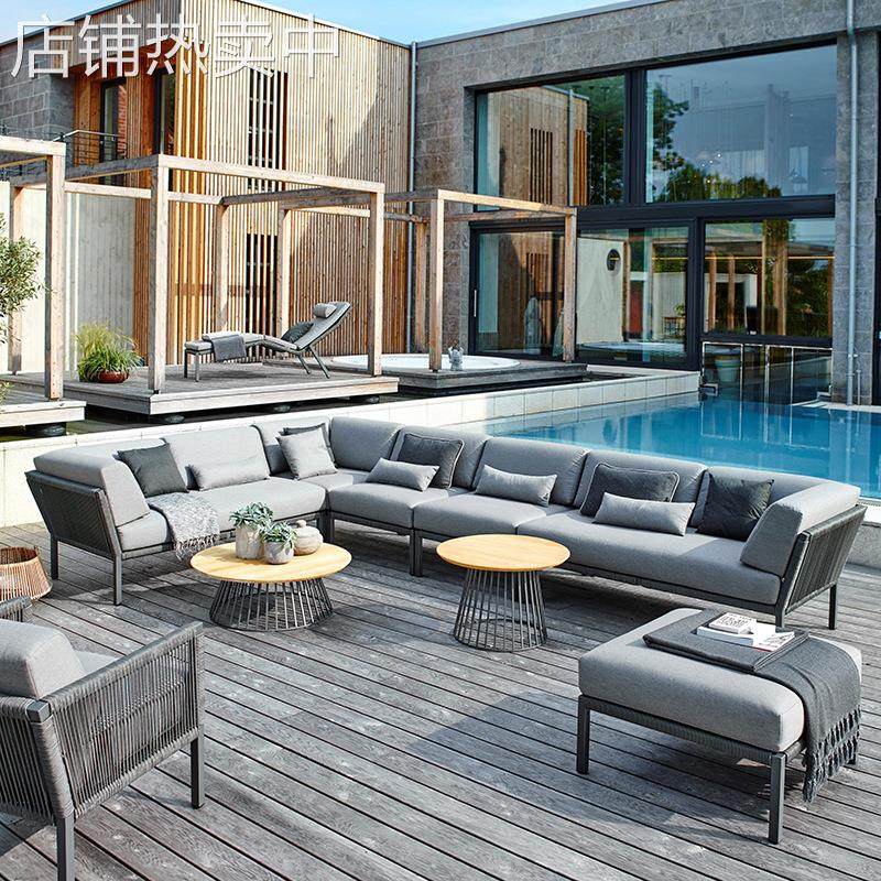 现代简约户外家具顺德铝合金绳编L型转角沙发躺床躺椅 佛山工厂