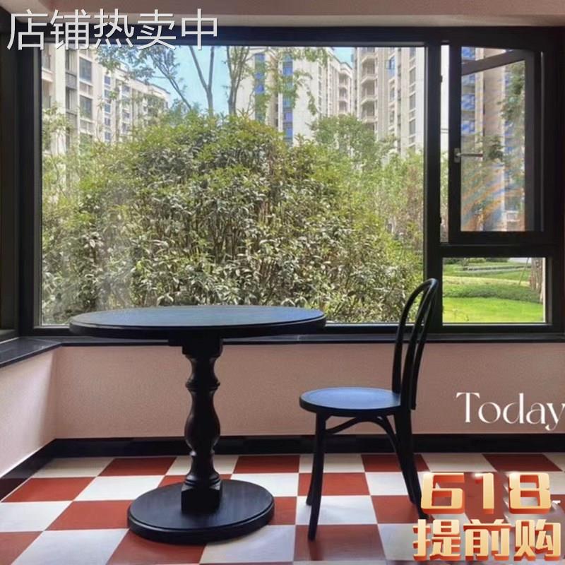 法式餐桌黑色实木中古圆形咖啡桌洽谈木质美式小圆桌茶几沙发边几
