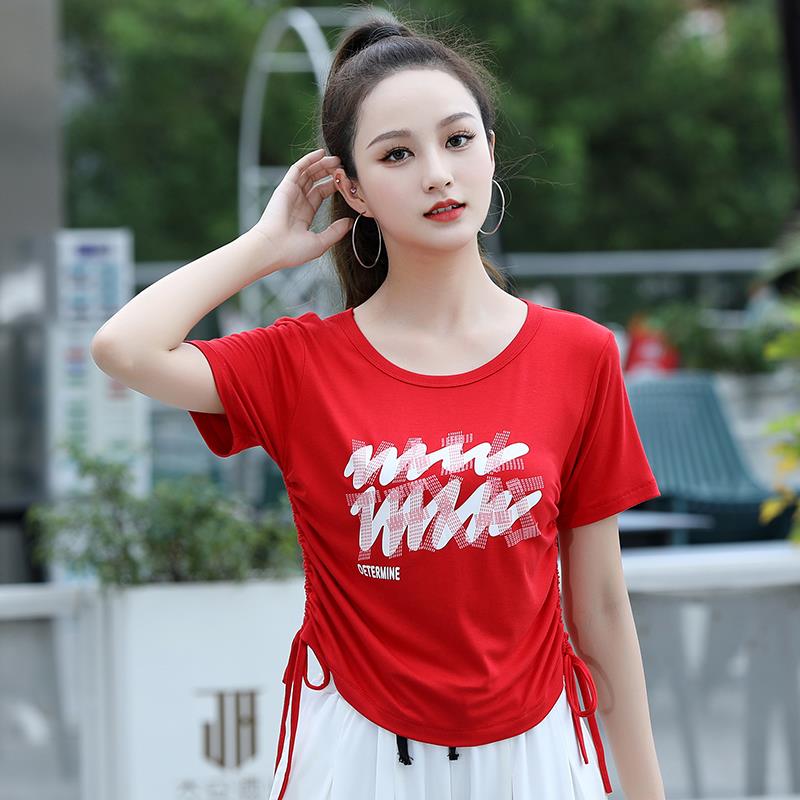 特价广场舞服装2024新款上衣女中老年夏季抽绳短袖螺纹棉圆领运动