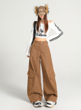 秋季新款美式复古宽松弯刀阔腿工装裤女高腰休闲百搭长裤子