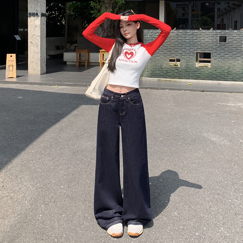 深蓝色美式阔腿牛仔裤女新款高腰显瘦设计感百搭拖地裤1