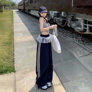 女&長(zhǎng)褲 美式 復(fù)古寬松闊腿褲 芭蕾拼接運(yùn)動(dòng)百搭直筒休閑褲 加長(zhǎng)