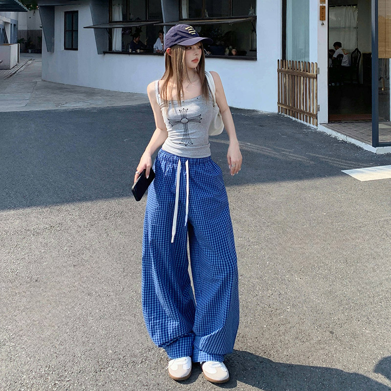 美式復古高腰寬松闊腿褲抽繩松緊腰格子垂感直筒休閑褲女春夏
