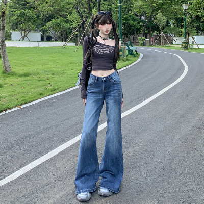 复古蓝低腰微喇牛仔裤女美式不贴腿弹力辣妹直筒喇叭裤