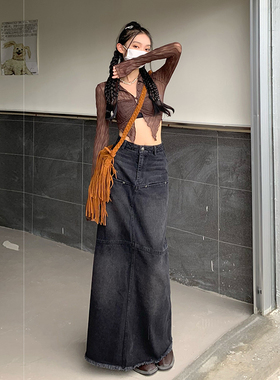 半身牛仔裙鱼尾长裙黑灰色牛仔秋季欧美半身高腰显瘦