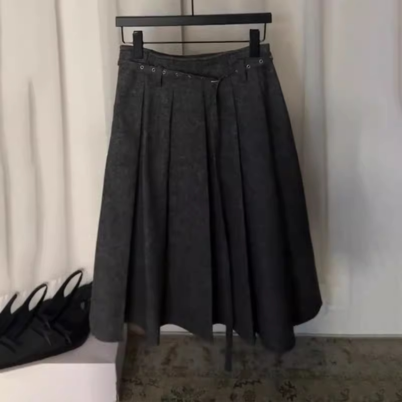 欧货深灰色毛呢大码半身百褶裙女