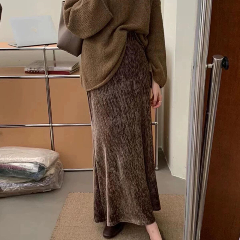 欧货高端定制咖色金丝绒半身裙女