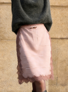 欧货高端定制粉红色大码半身裙女2025冬季新款加厚蕾丝拼接A字裙