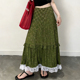 欧货高端定制橄榄绿蕾丝边大码 半身裙女2026春夏新款 碎花大摆裙子