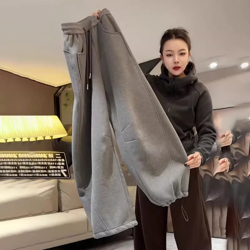 高端定制灰色毛呢大码阔腿卫裤女