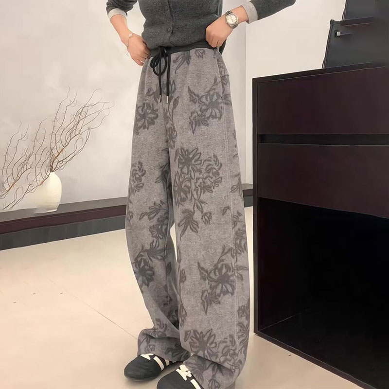 高端定制灰色印花大码阔腿裤女