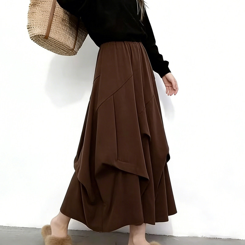 欧货高端定制咖色不规则大码半身裙女2025冬季新款加厚小众大摆裙,女装/女士精品,大码半身裙,淘宝优惠券,粉丝福利购,淘宝优惠卷