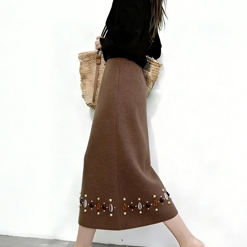 欧货高端定制棕色毛呢大码半身裙
