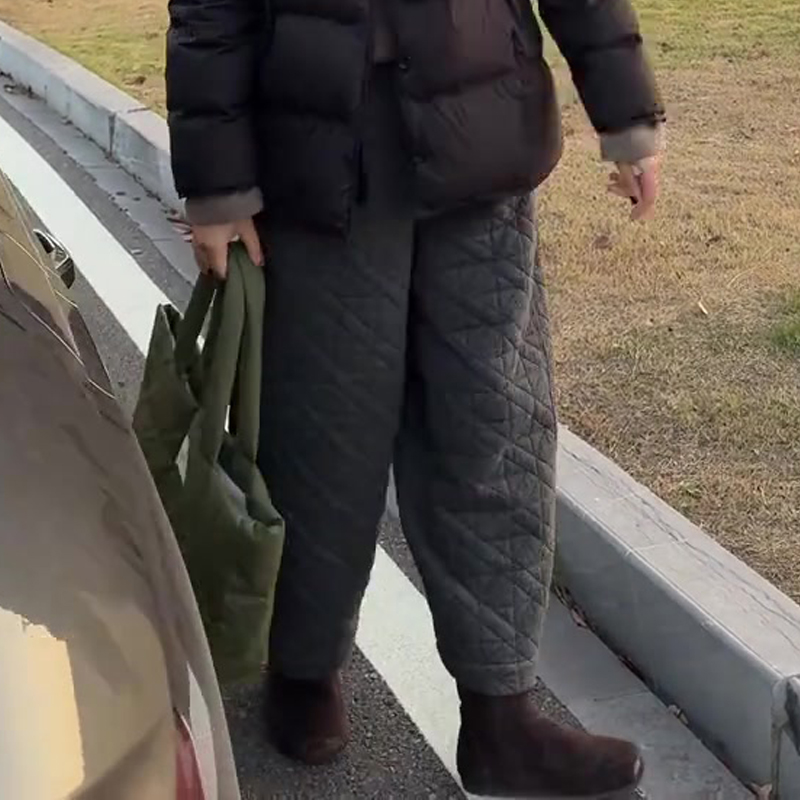 高端定制灰色菱格大码阔腿棉裤女