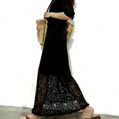 欧货高端定制黑色蕾丝拼接大码 半身裙女2026春夏新款 轻熟风大摆裙