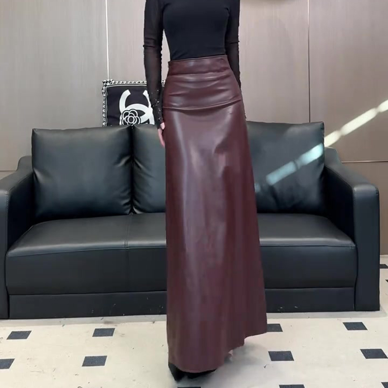 高端定制酒红色大码半身pu皮裙女