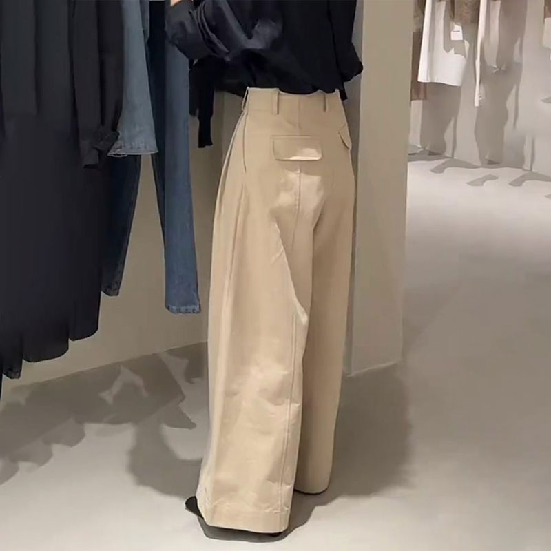 高端定制卡其色大码褶皱阔腿裤女